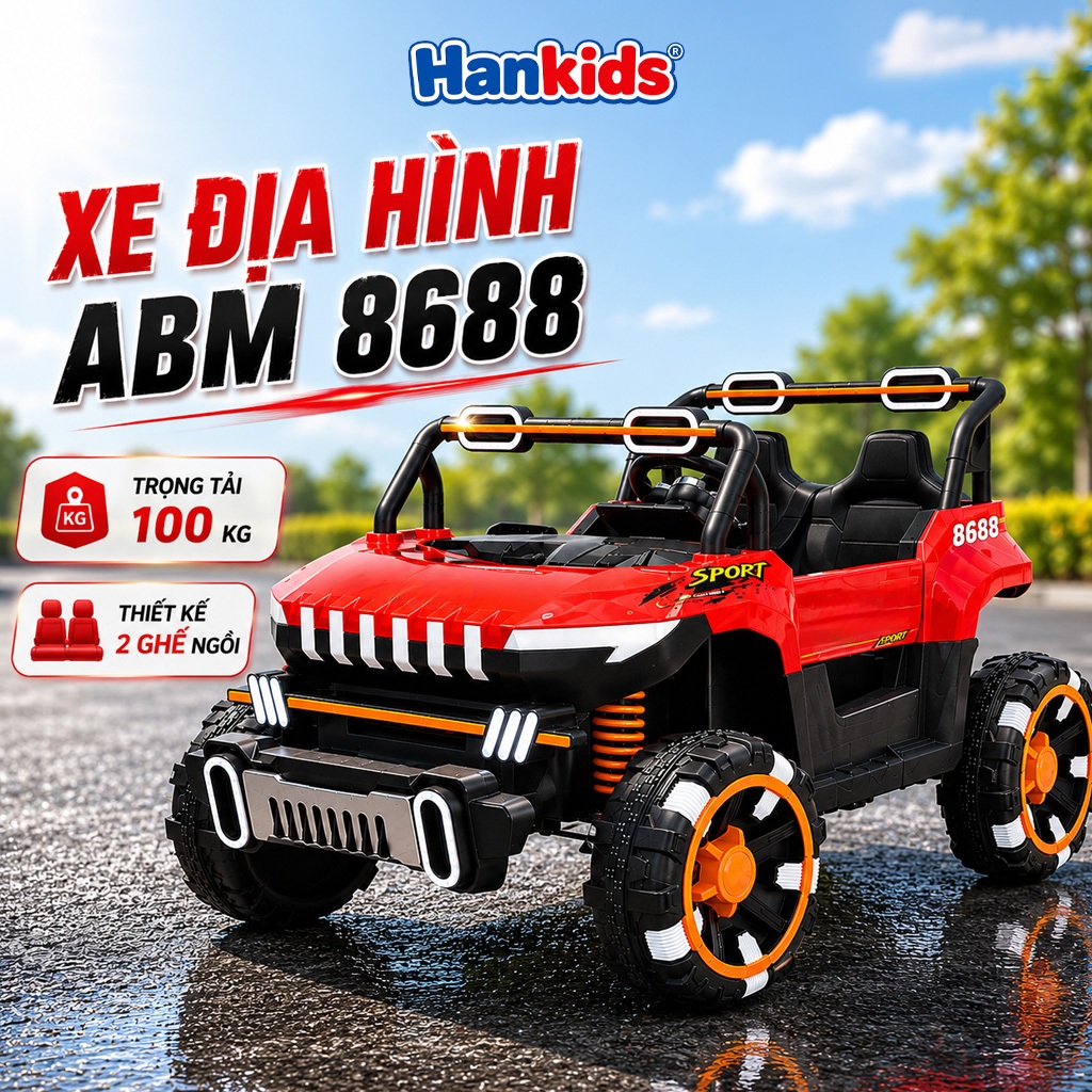 Xe Ô Tô Điện Trẻ Em Địa Hình ABM 8688 Có Bluetooth, USB, 4 Động Cơ Và Tải Trọng Lớn 100KG