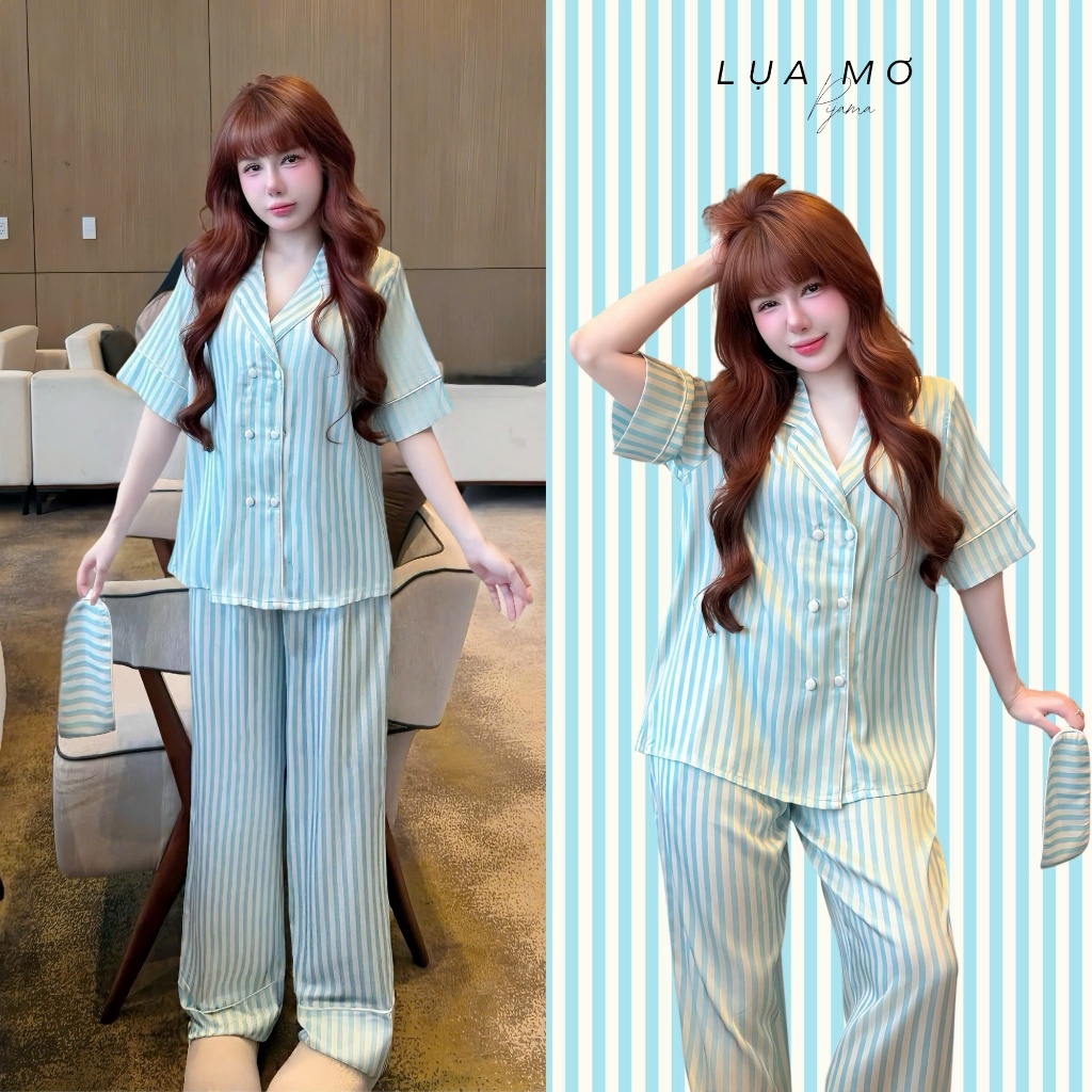 Pijama Tiểu Thư Tay Ngắn Form Vest Sọc Hồng Vải Lụa Latin Cao Cấp - Đồ bộ Lụa Mơ LM182