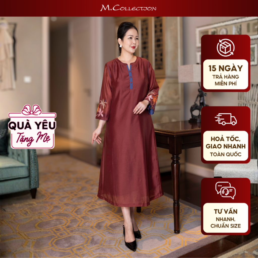 M COLLECTION | Váy Đầm Tiệc Suông Nữ Trung Niên Tặng Mẹ Tơ Cổ Tròn Cài Nút Tay Lỡ Thêu Hoa D13167