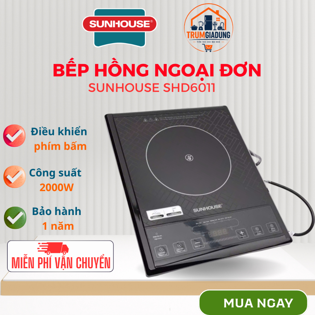 Bếp hồng ngoại đơn Sunhouse SHD6011, bếp hồng ngoại Sunhouse SHD6011, mặt bếp siêu bền