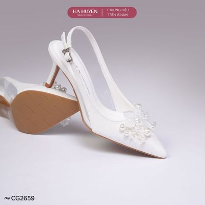 Giày cao gót 7cm nữ HÀ HUYỀN, giày cưới, giày tiệc 7 phân đính nhũ nơ ngọc quai hậu gót nhọn - CG2659