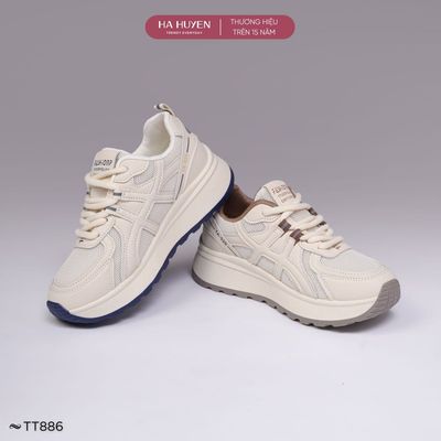 Giày thể thao Sneaker nữ HÀ HUYỀN dây buộc da lì phối lưới hông sóng độn đế 3cm - TT886
