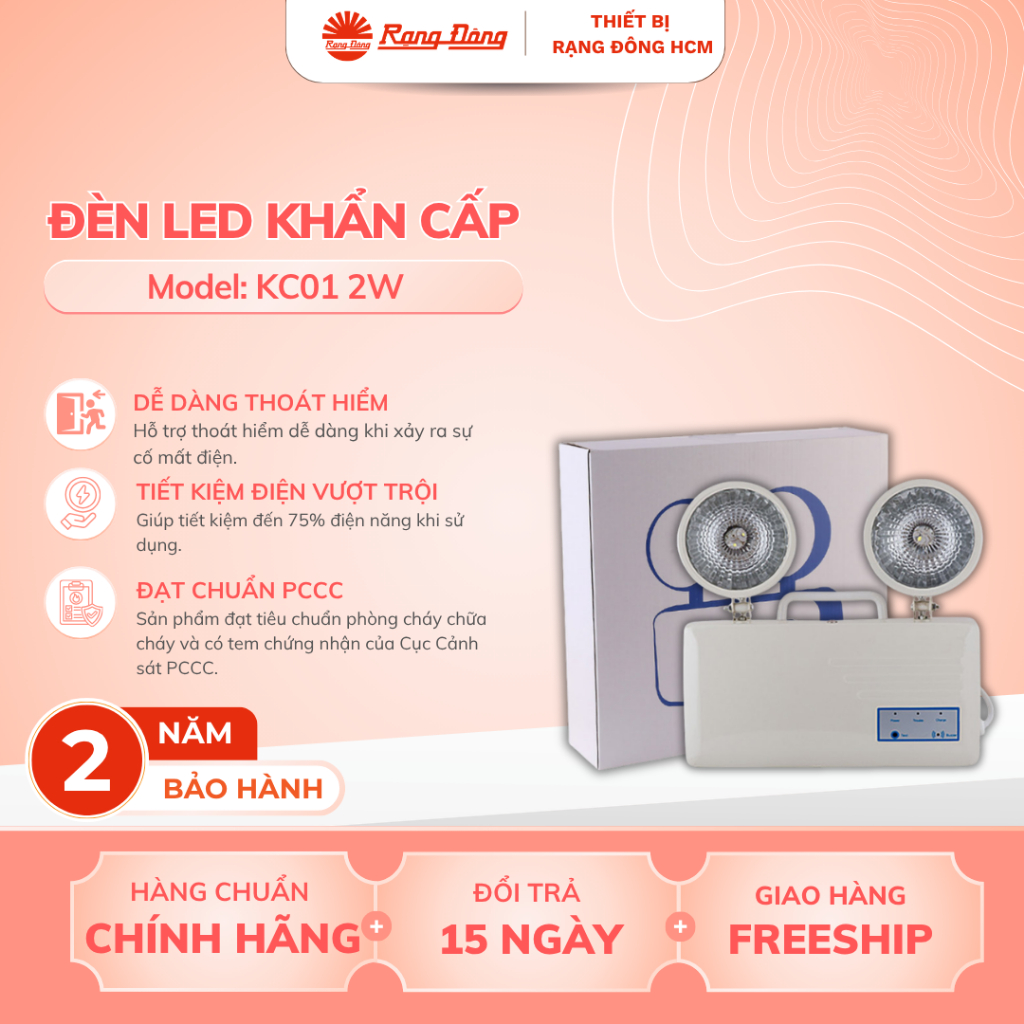 Đèn LED Khẩn Cấp Rạng Đông KC01 2W - Tự Động Sáng Khi Mất Điện An Toàn Khi Sự Cố (Model: KC01 2W)