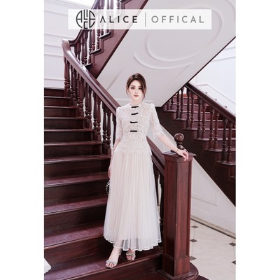 Set Váy Tiểu Thư Alice Áo Tay Lỡ Chất Ren Tơ Nhung Cổ Tròn Đính Nơ Đen Phối Chân Váy Lưới Dài Xòe A1091+CV1082