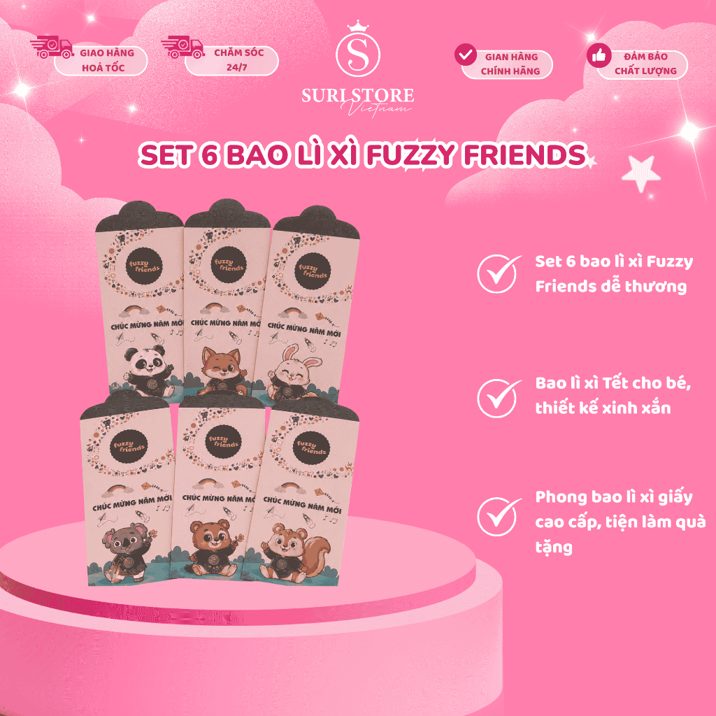 Set 6 bao lì xì Fuzzy Friends