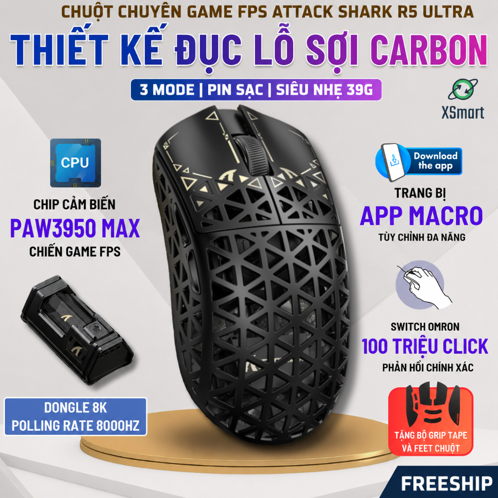 Chuột Gaming Không Dây Attack Shark R5 Ultra Sợi Carbon PAW3950MAX DPI 42.000 8000Hz