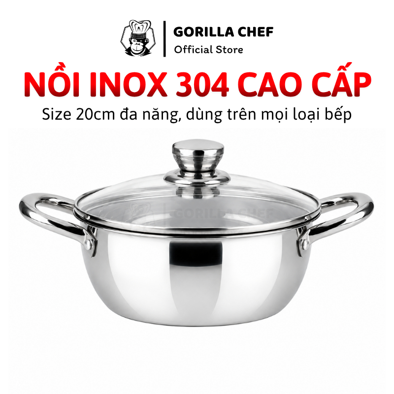 Nồi inox 304 cao cấp 20cm Gorilla Chef dùng được trên mọi loại bếp