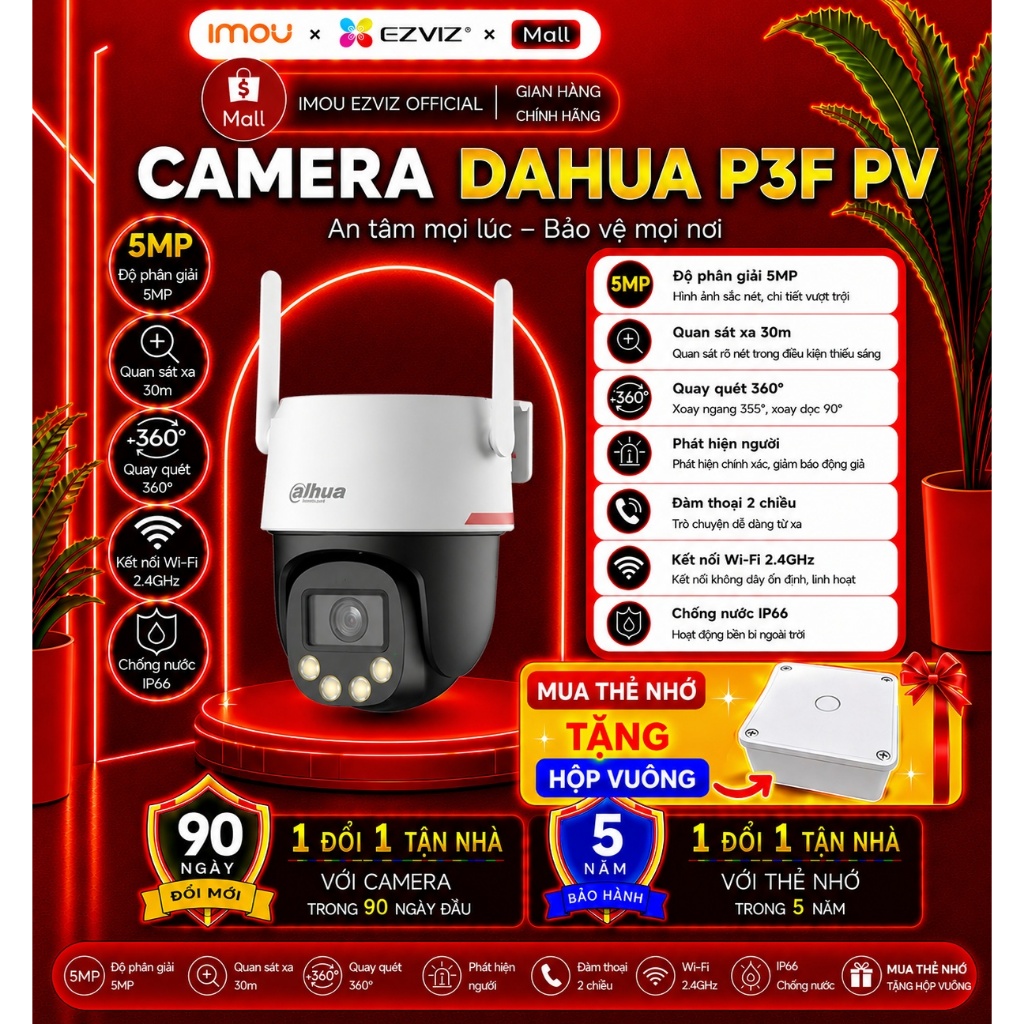 Camera  DAHUA P3F-PV (3MP), xoay 360, đàm thoại 2 chiều, cảnh báo còi, ban đêm có màu