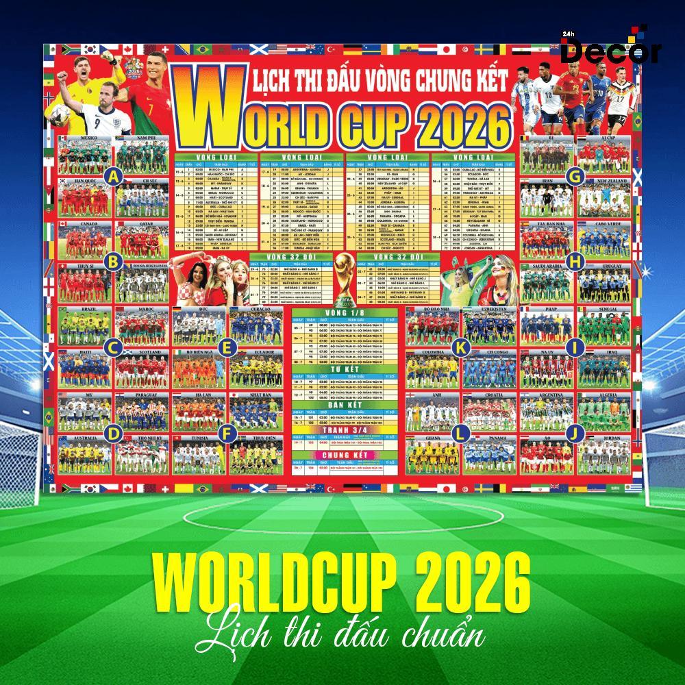 Lịch Thi Đấu World Cup 2026 dán Tường 48 Đội 104 Trận