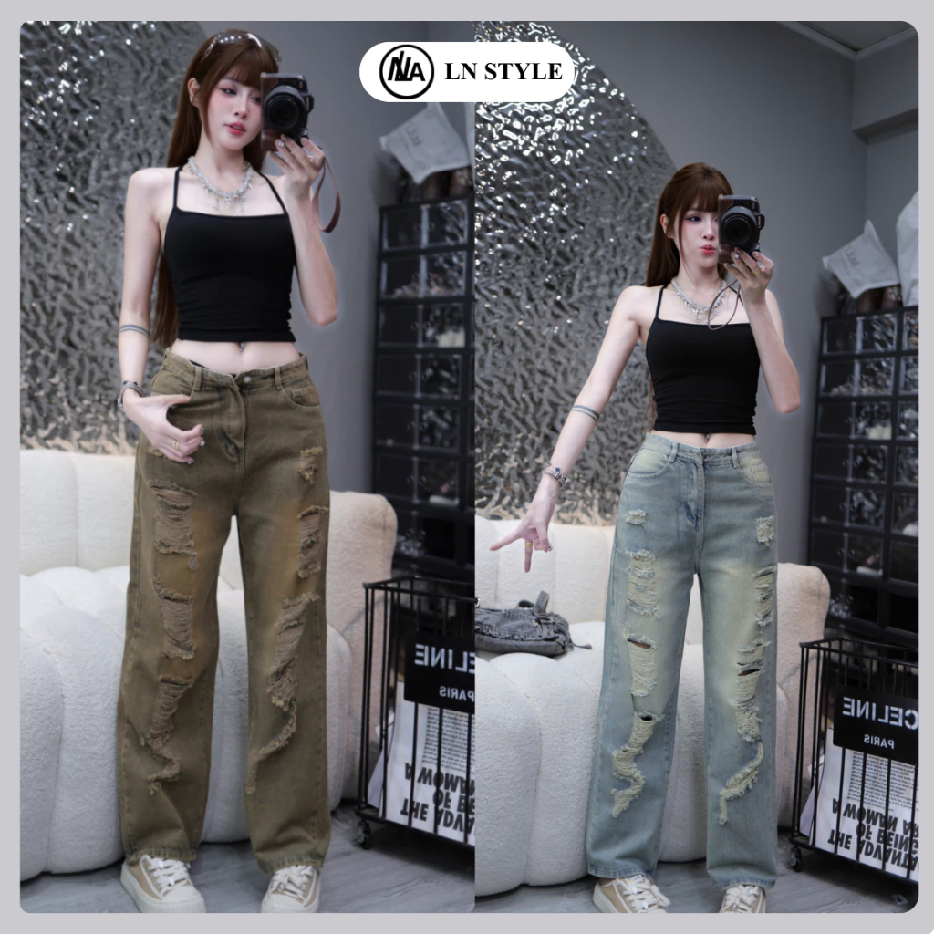 LN.STYLE -Quần Jean Nữ Ống Suông 24CM Rách Kiểu Màu Nâu Đỏ – Chất Jean Cotton Dày, Form Đứng Cá Tính