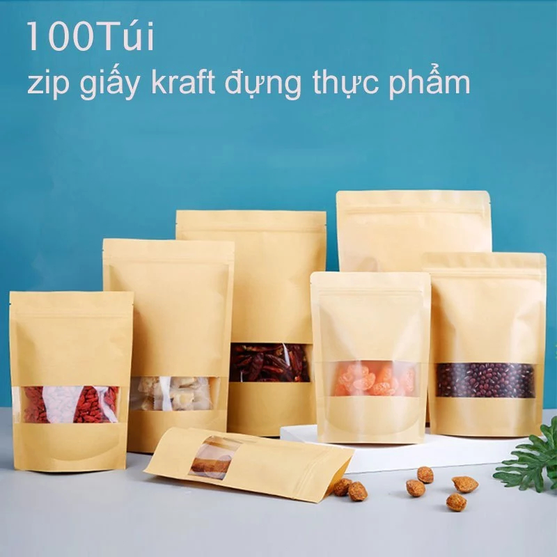100Túi zip giấy kraft đựng thực phẩm Túi zip giấy kraft có cửa sổ đáy đứng