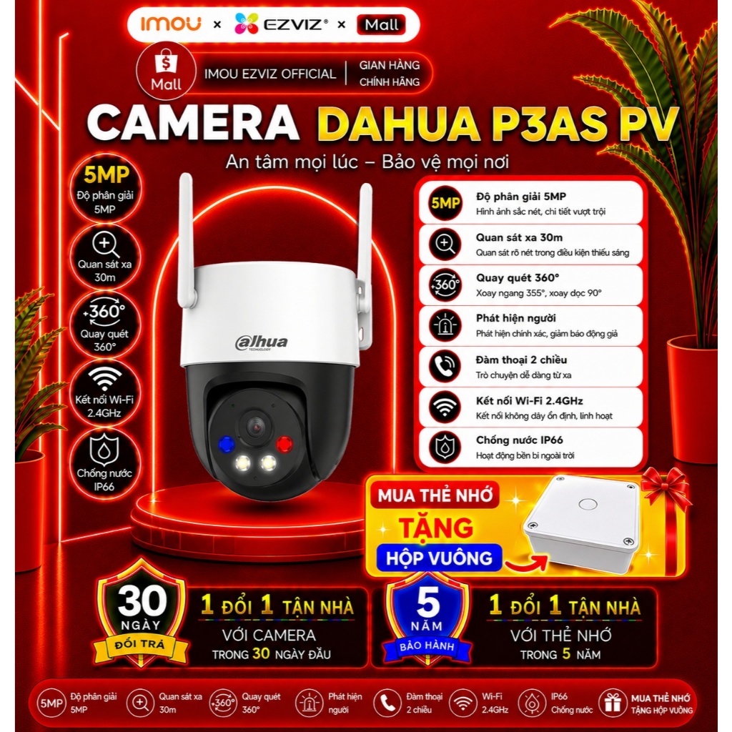 Camera DAHUA P3AS-PV, độ phân giải 3MP, xoay 360, đàm thoại 2 chiều , tự động xoay theo người , cảnh