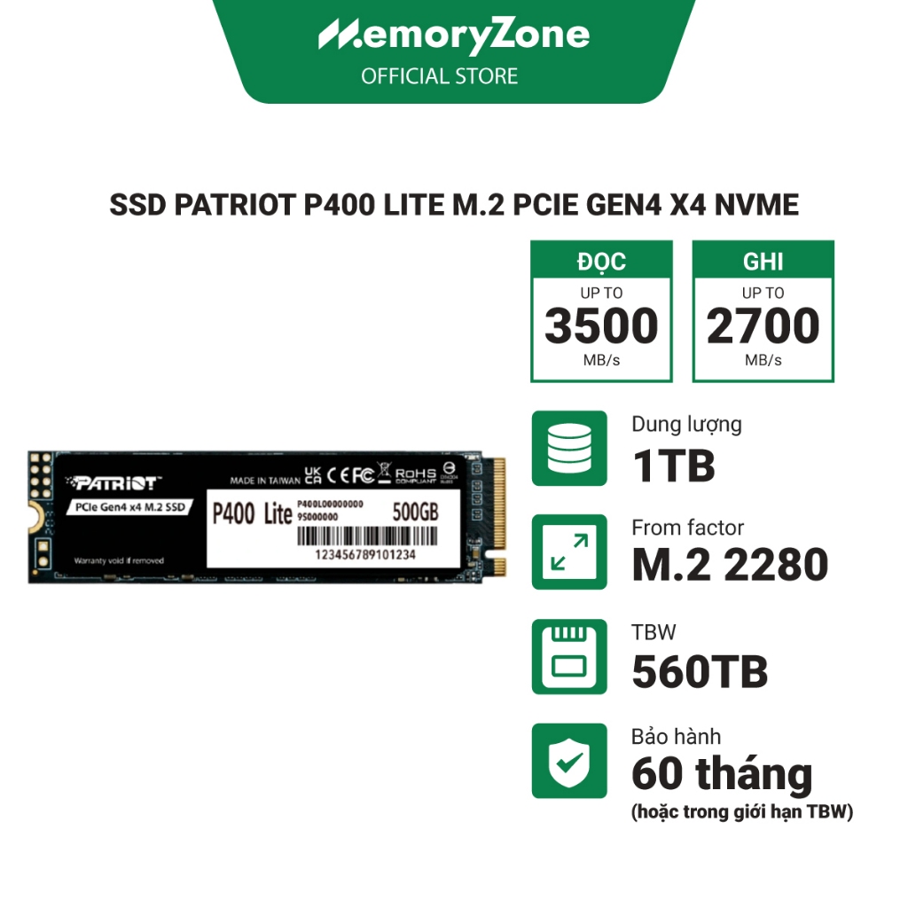 Ổ cứng SSD Patriot P400 Lite M.2 PCLe Gen4 x4 NVMe - Bảo hành 60 tháng chính hãng
