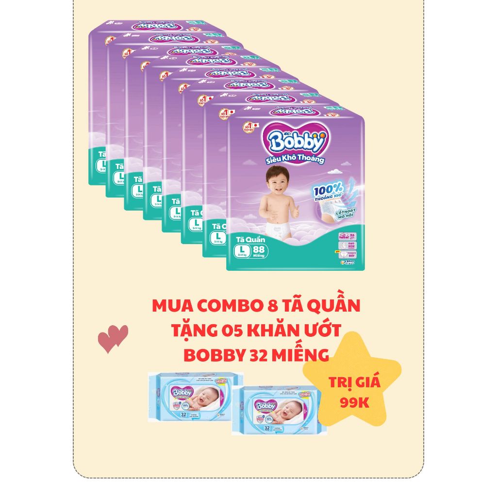 COMBO 8 Tã quần Bobby L88 Tặng 05 khăn ướt Bobby 32 miếng