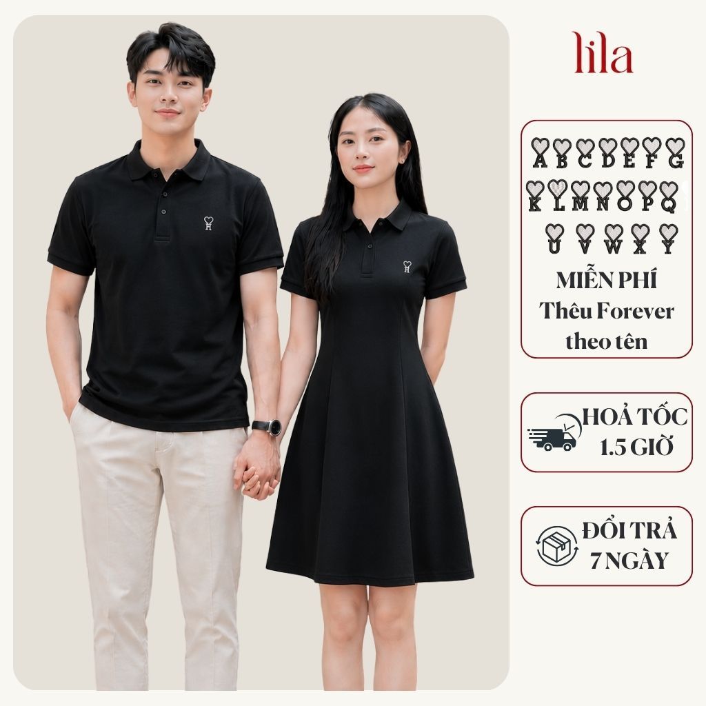 Set đồ đôi áo polo nam và váy có cổ nữ FOREVER LILA basic thêu theo yêu cầu đồ cặp couple cotton