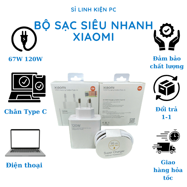 Bộ Sạc Siêu Nhanh Xiaomi 67W 120W Mi Super Charger Siêu Nhanh Chân Type C, Sạc Có Báo Max Vàng
