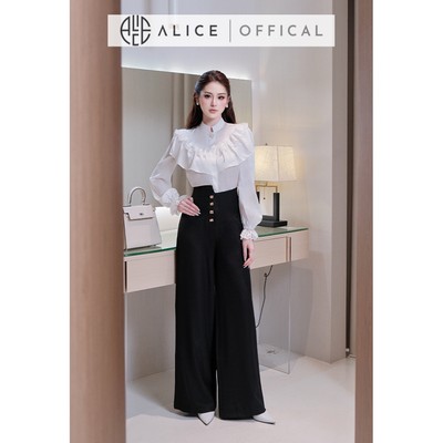 Set Đồ Công Sở Cao Cấp Alice Áo Chất Lụa Cổ Trụ Phối Bèo Vai Kèm Quần Ống Rộng Chất Chéo Hàn Lệch Vạt A1092+Q925