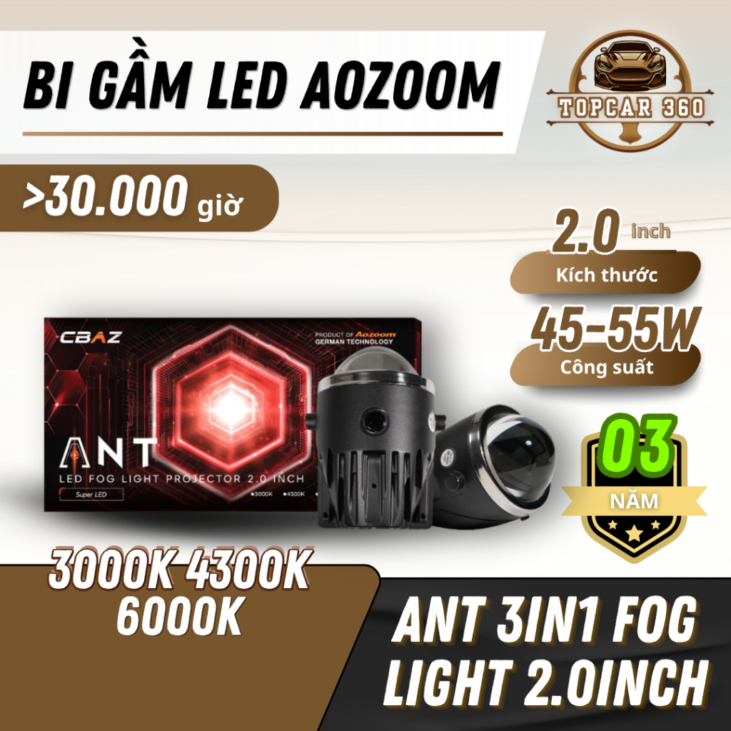 Bi gầm Aozoom ANT Fog Light 2.0 Inch 3 màu linh hoạt - Nhiệt màu 4300K Ánh sáng trắng tự nhiên TopCa