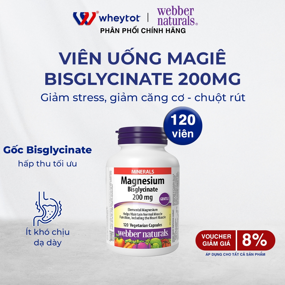 Viên uống bổ sung magie Webber Naturals Magnesium Bisglycinate 200mg hỗ trợ thư giãn cơ và ngủ ngon 