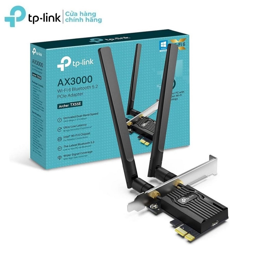 Bộ Chuyển Đổi Card WiFi PCIe TPLink Archer TX55E Bluetooth 5.2 WiFi 6 AX3000 - Bộ thu sóng WiFi TPli