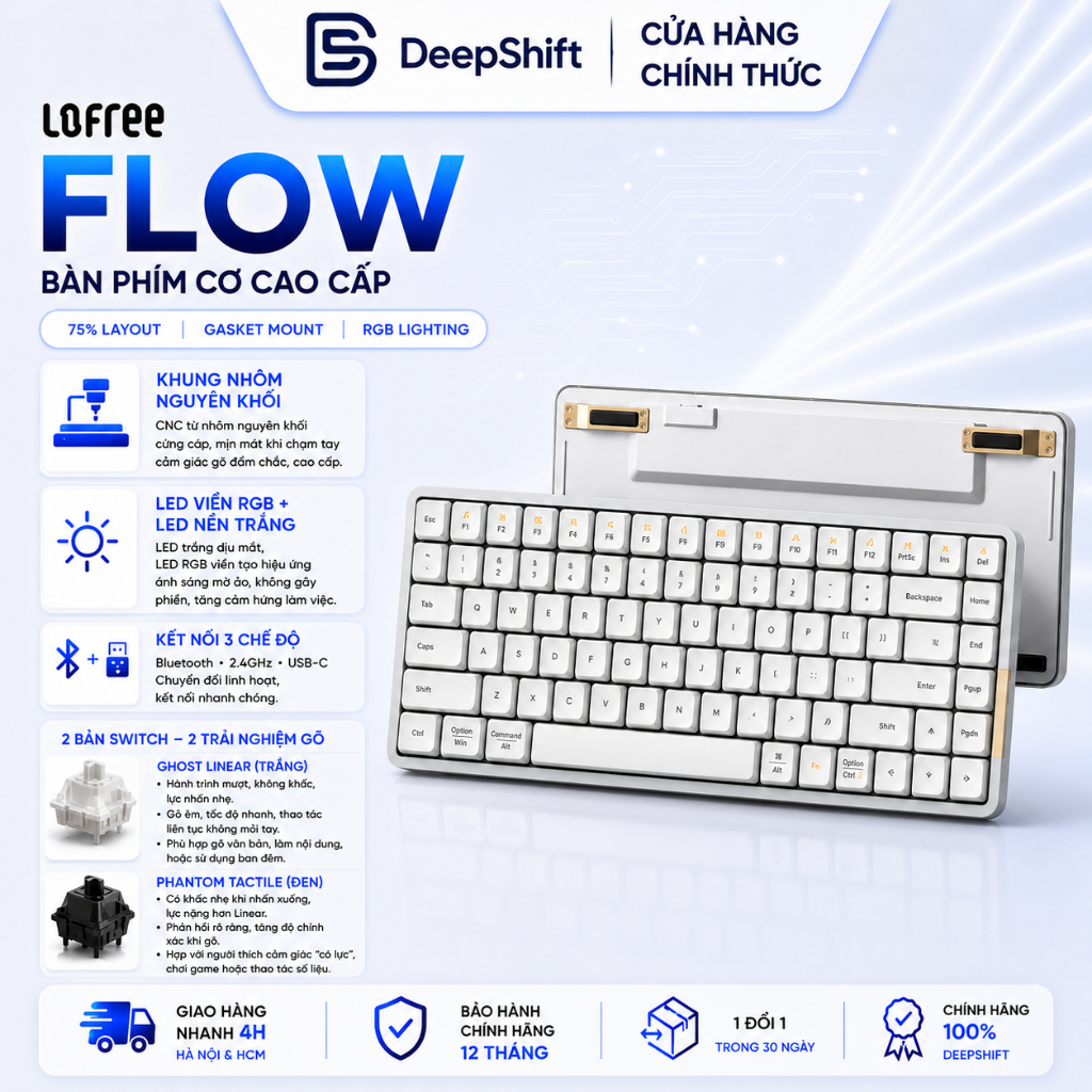 Bàn Phím Cơ Không Dây Lofree Flow | Siêu Mỏng 1cm | Bluetooth 5.1 | USB-C | 84 Keys - 100 Keys