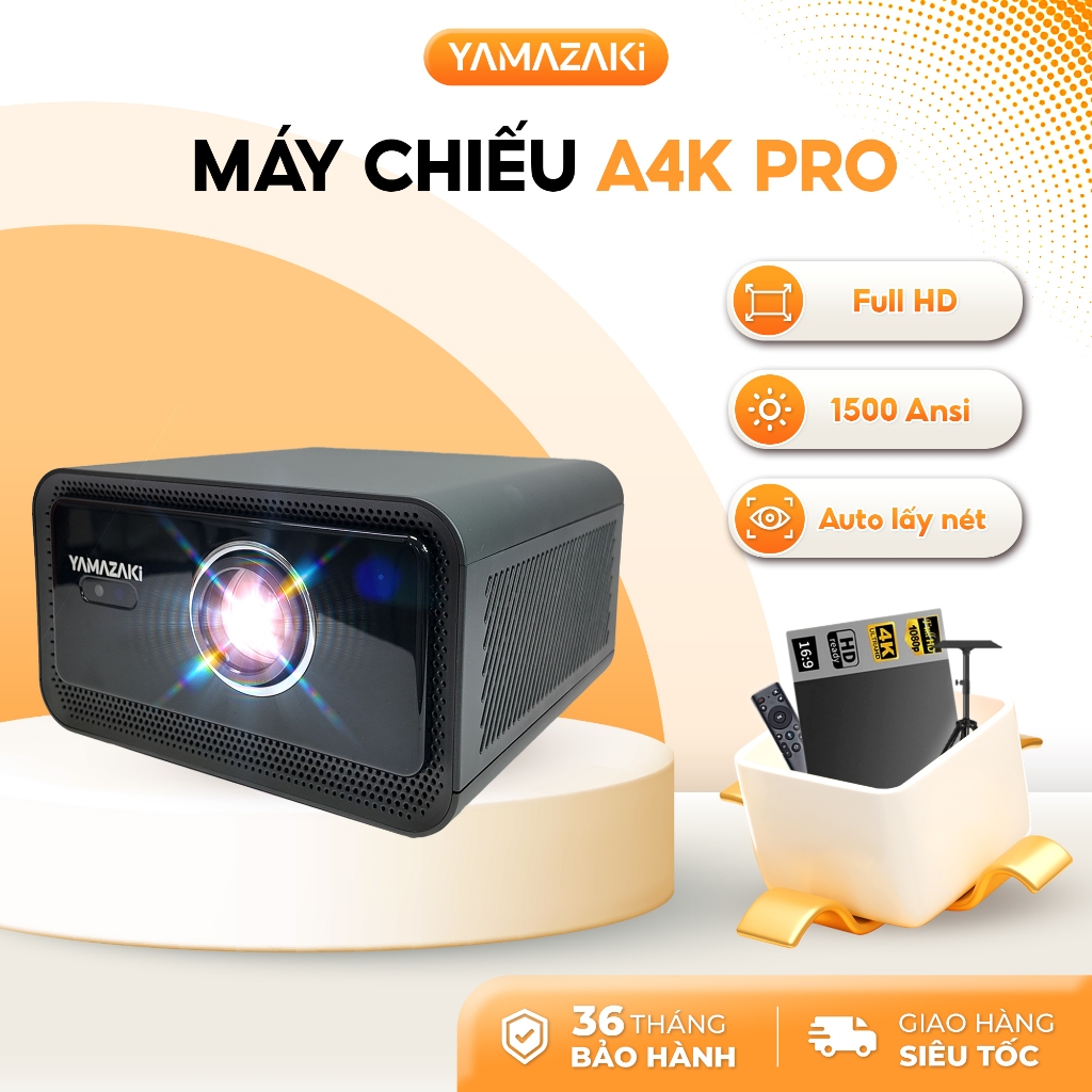 Máy chiếu mini Yamazaki A4K Full HD 1200 ANSI sắc nét, căn chỉnh tự động RAM 2Gb