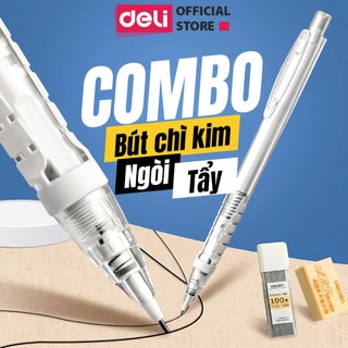 Combo Bút Chì Kim + Ngòi + Tẩy Deli Tiết Kiệm, Ngòi Thay 2B HB Chống Gãy, Thân Bút Nhẹ Chống Mỏi