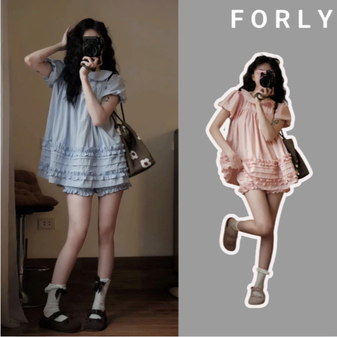 Set Đồ Nữ Forly House Áo Cổ Sen Tay Ngắn Bồng Kèm Quần Đùi Dễ Thương T239