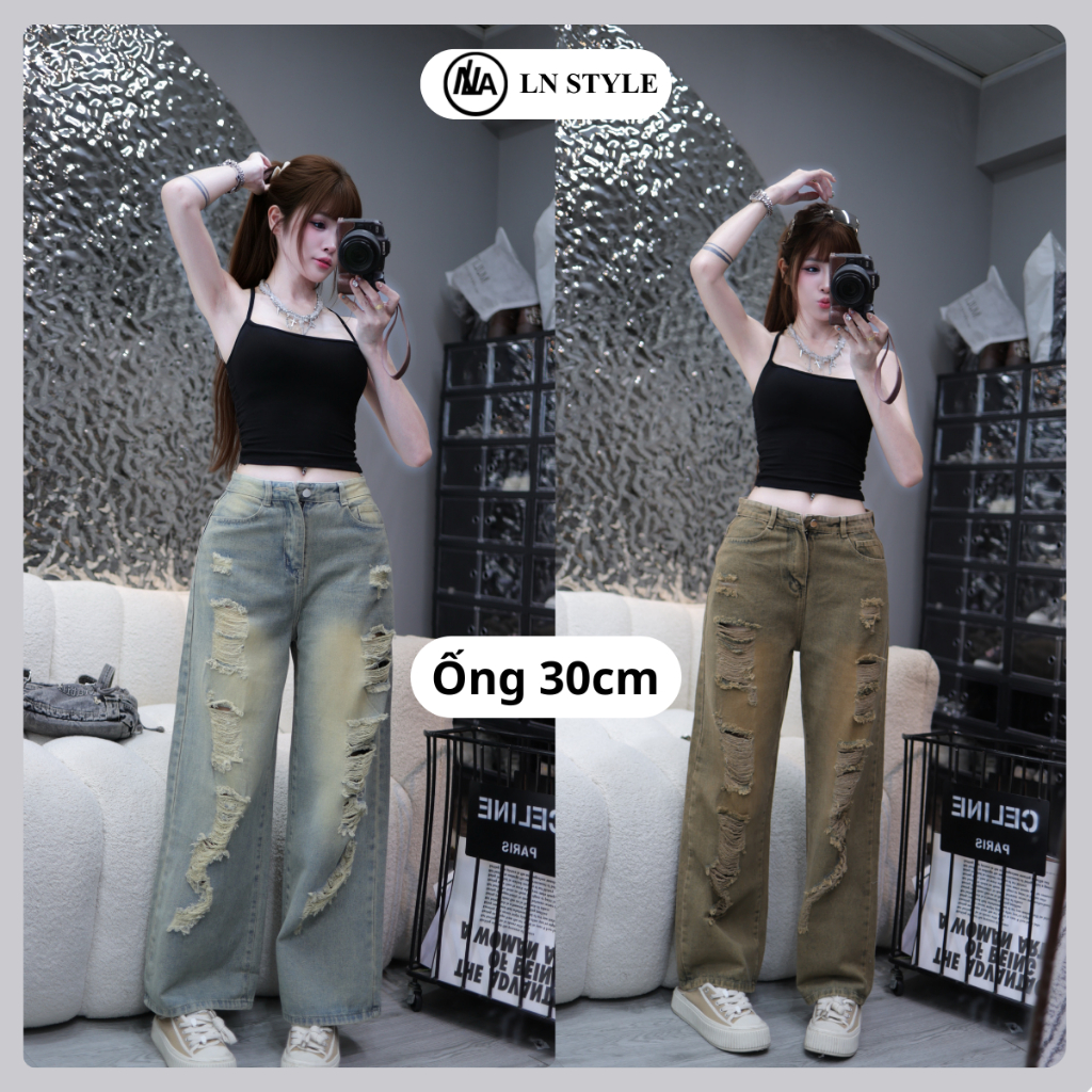 LN.STYLE -Quần Jean Nữ Ống Suông 30CM Rách Kiểu – Chất Jean Cotton Dày mềm mịn , Form Đứng Cá Tính (
