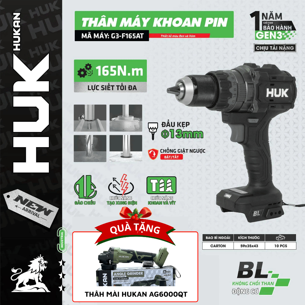Máy Khoan Pin 13mm Hukan HUK F165 AT Tặng Thân Mài Hukan Lực Siết 165N Anti Kickback, Tạo Xung , Khô
