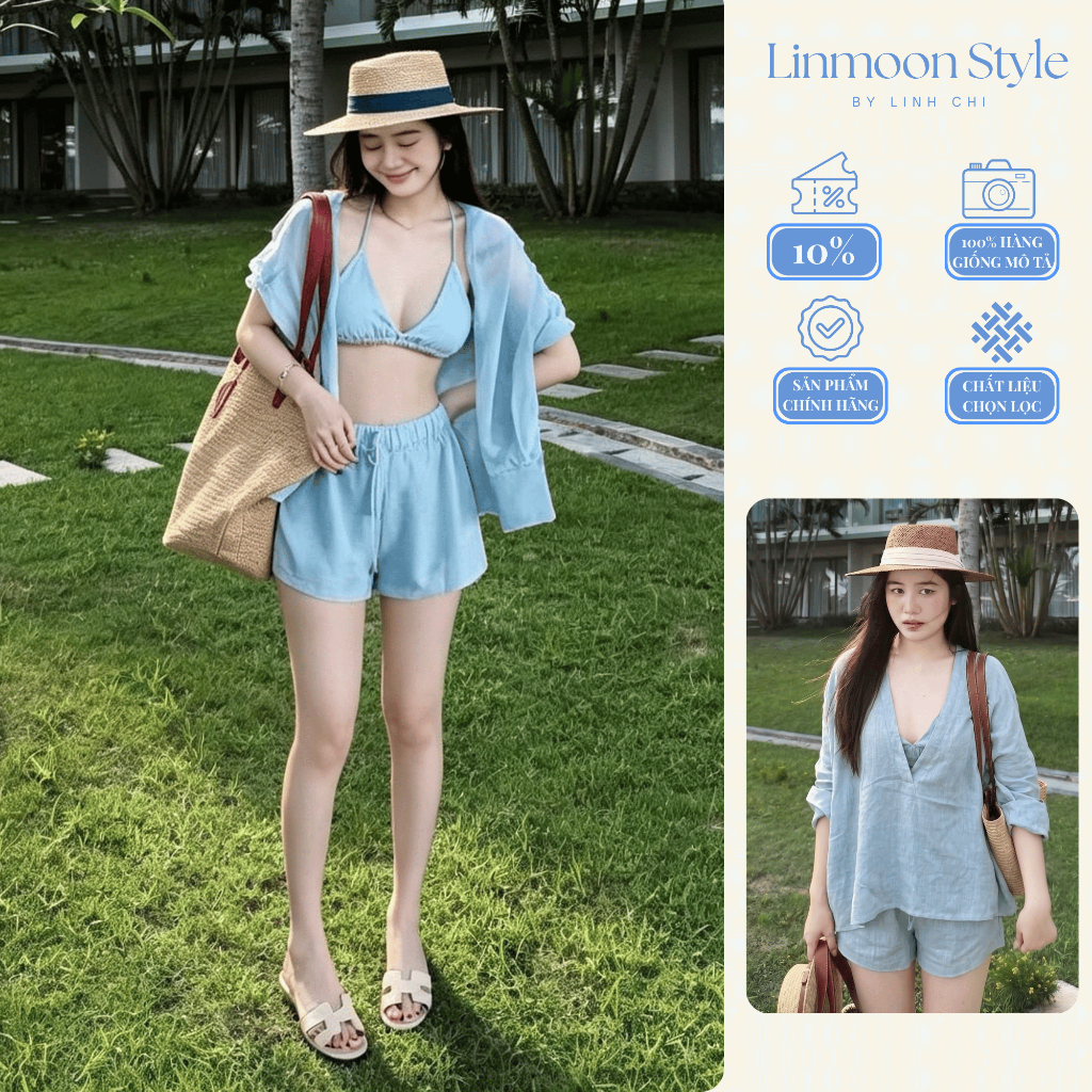 Set Đồ Đi Biển Nữ 3 Món Áo Khoác Mỏng Mix Áo 2 Dây CÓ MÚT NGỰC Phối Quần Short – Set Bikini Kín Đáo Đi Biển Sang Chảnh | BigBuy360 - bigbuy360.vn