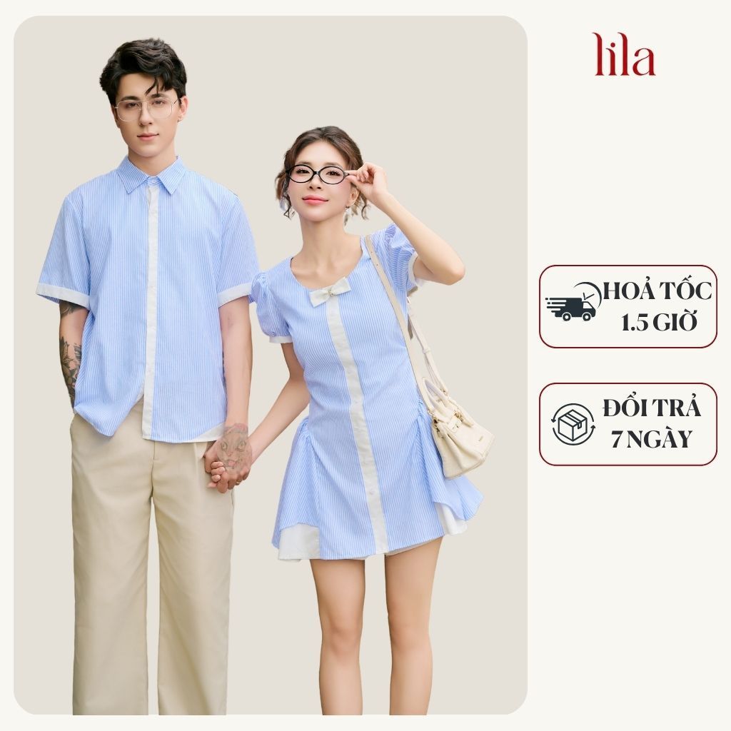 Set đồ biển đôi nam nữ set couple với người yêu áo sơ mi oxford kẻ sọc nam + đầm xòe nữ thương hiệu 
