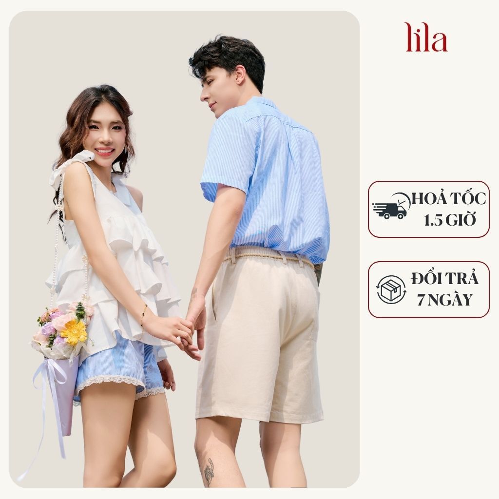 Set đồ đôi nam nữ với người yêu áo couple sơ mi nam kẻ sọc áo 2 dây quần sooc nữ thương hiệu LILA 2 