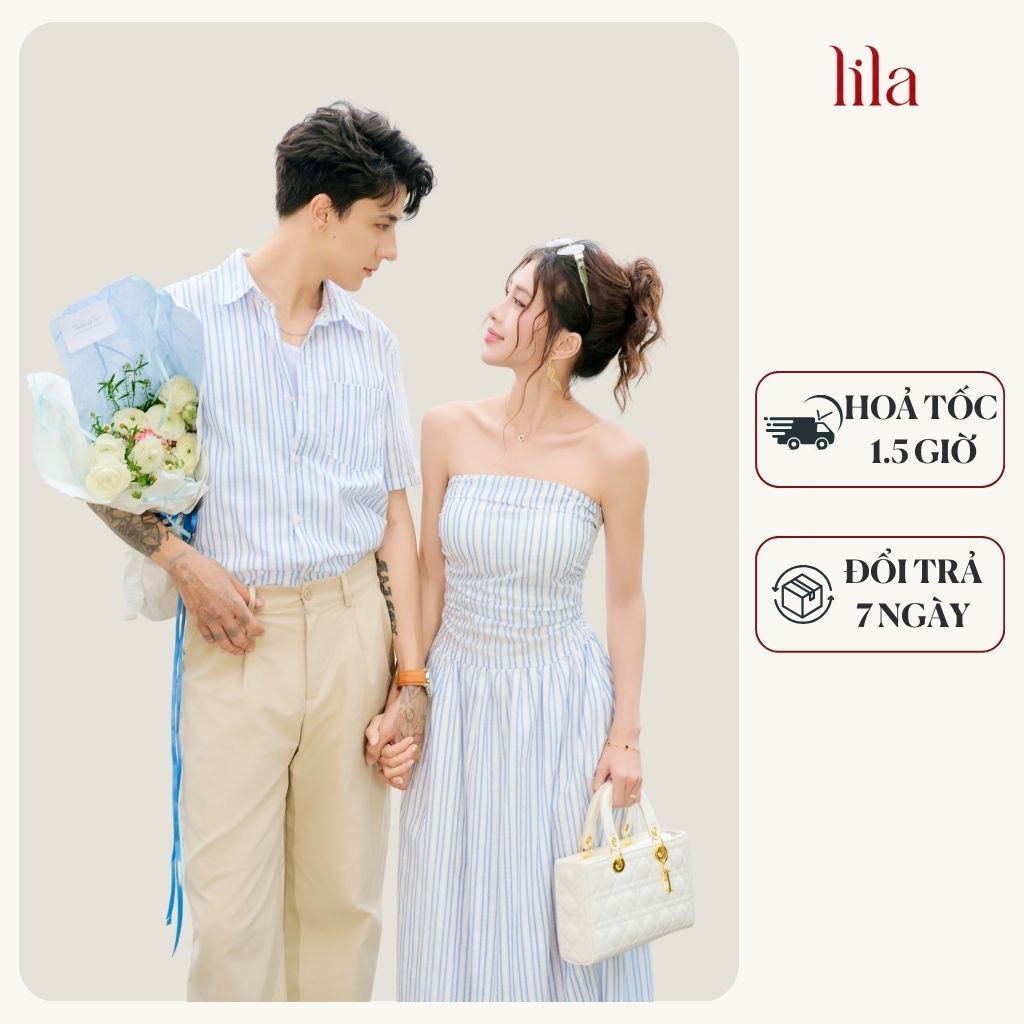 Set đồ biển đôi nam nữ set couple với người yêu áo sơ mi oxford nam + đầm maxi nữ thương hiệu LILA -