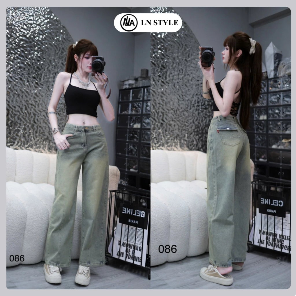 LN STYLE-Quần Jean Nữ Ống Suông Túi Đắp Thêu Rả Thân Trước  Vải Jean Cotton Cao Cấp Ồng 28cm (082/2)