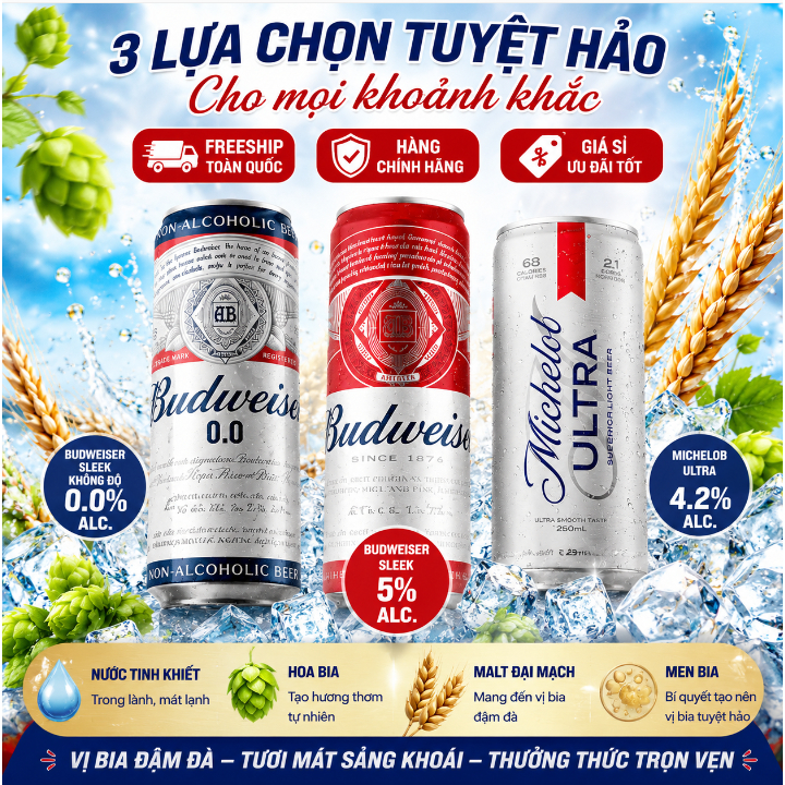 Bia Budweiser & Michelob Lon 250ml / 330ml - Thùng 24 lon / Lốc 6 lon, vị bia êm, dễ uống