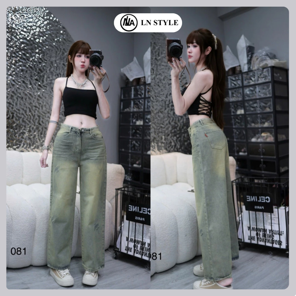 LN.STYLE-Quần Jean Ống Rộng Nữ(081)- Jean Cotton Cao Cấp, Công Nghệ Dập 3D Wash Ánh Vàng Cá Tính, (Ố