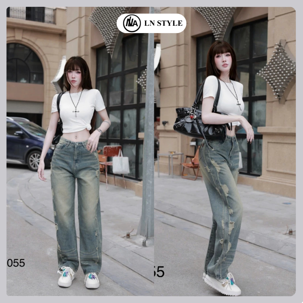 LN.STYLE - Quần Jean Nữ Ống Suông Rách Sường Kiểu Rêu Ánh Vàng [055] Chất Liệu Jean Cotton Dày Cao C