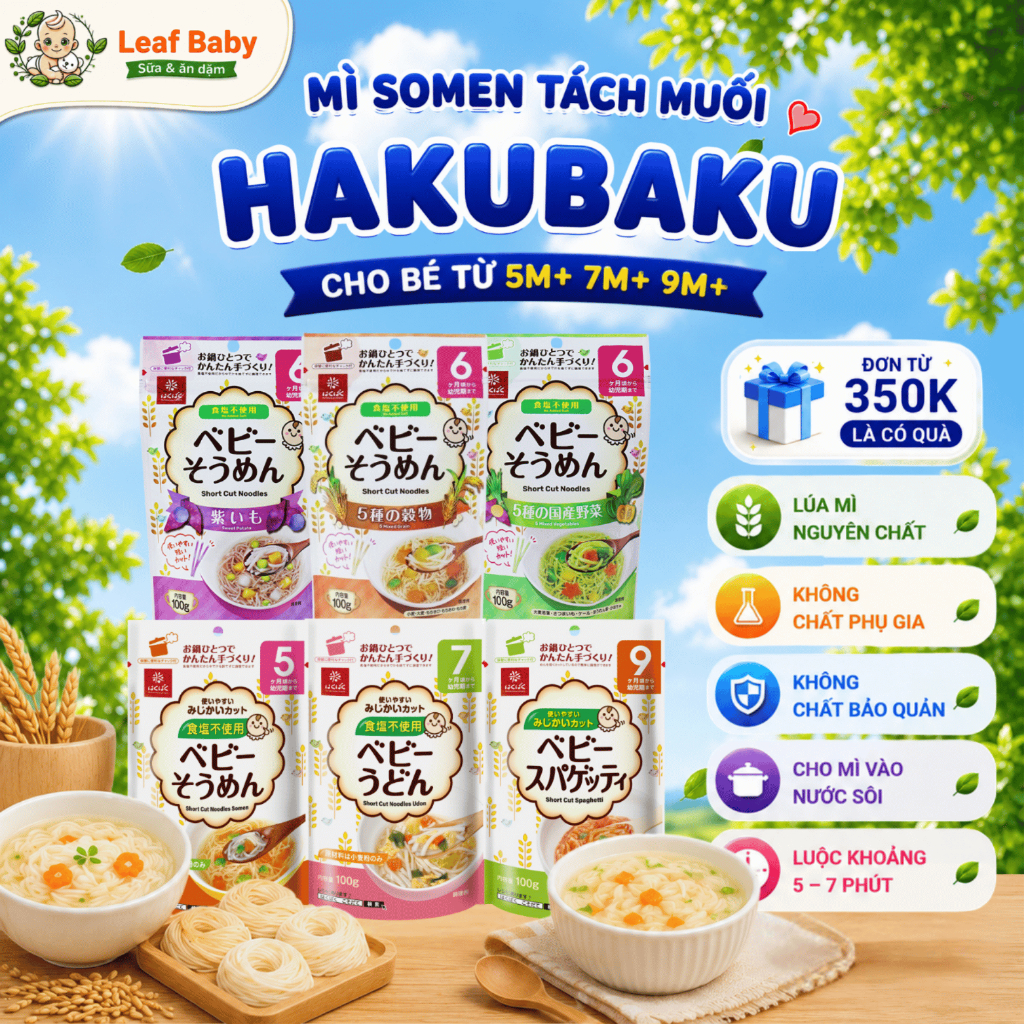 Mì Somen tách muối Hakubaku Nhật cho bé ăn dặm 5 tháng 7 tháng 9 tháng - Leaf Baby