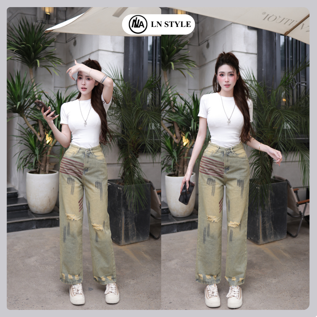 LN.STYLE – Quần Jean Nữ Ống Suông Wash Loang Sơn Phun 112 Rách Nhẹ Vintage Jean Cotton Cao Cấp Cá Tí