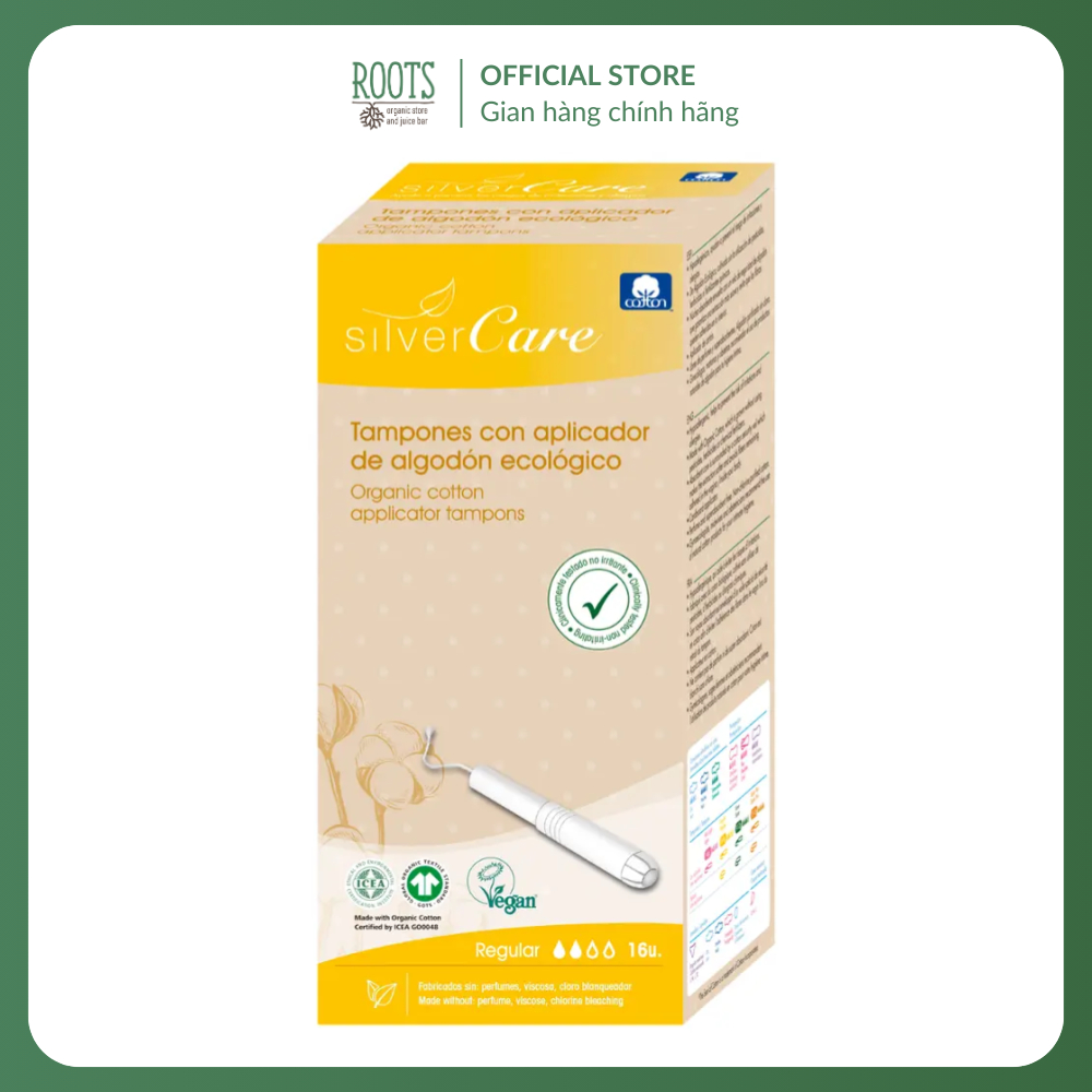 SILVERCARE - Tampon Hữu Cơ 2 Giọt Có Cần Đẩy, Organic Cotton Tampons with Applicator, Regular, 16 Cá