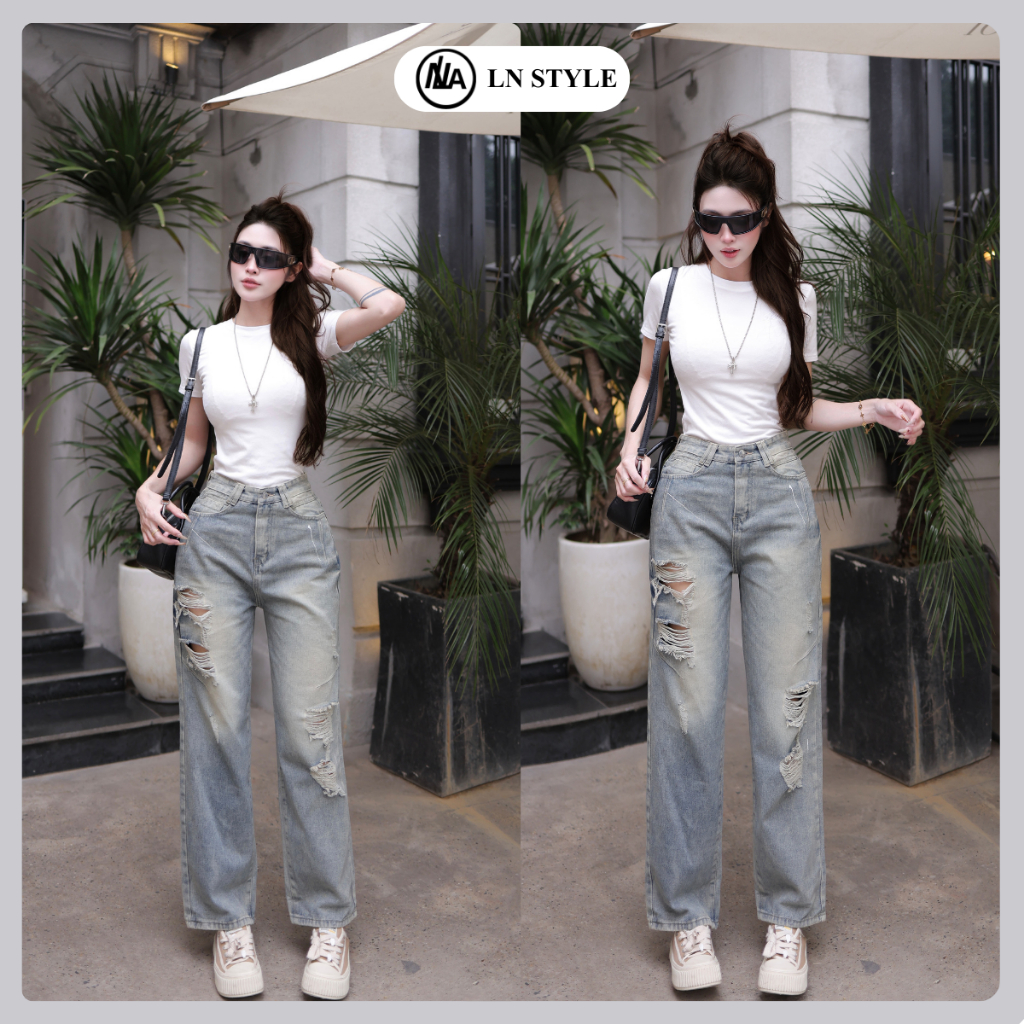LN.STYLE-Quần Jean Nữ Ống Suông Cotton Cao Cấp Mã 109 Xanh Bụi Sơn Phối Kiểu Hack Dáng Tôn Dáng Thoá
