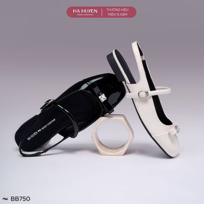 Giày bệt búp bê nữ HÀ HUYỀN da bóng mũi vuông nơ nhí đính đá quai hậu đế 1cm - BB750