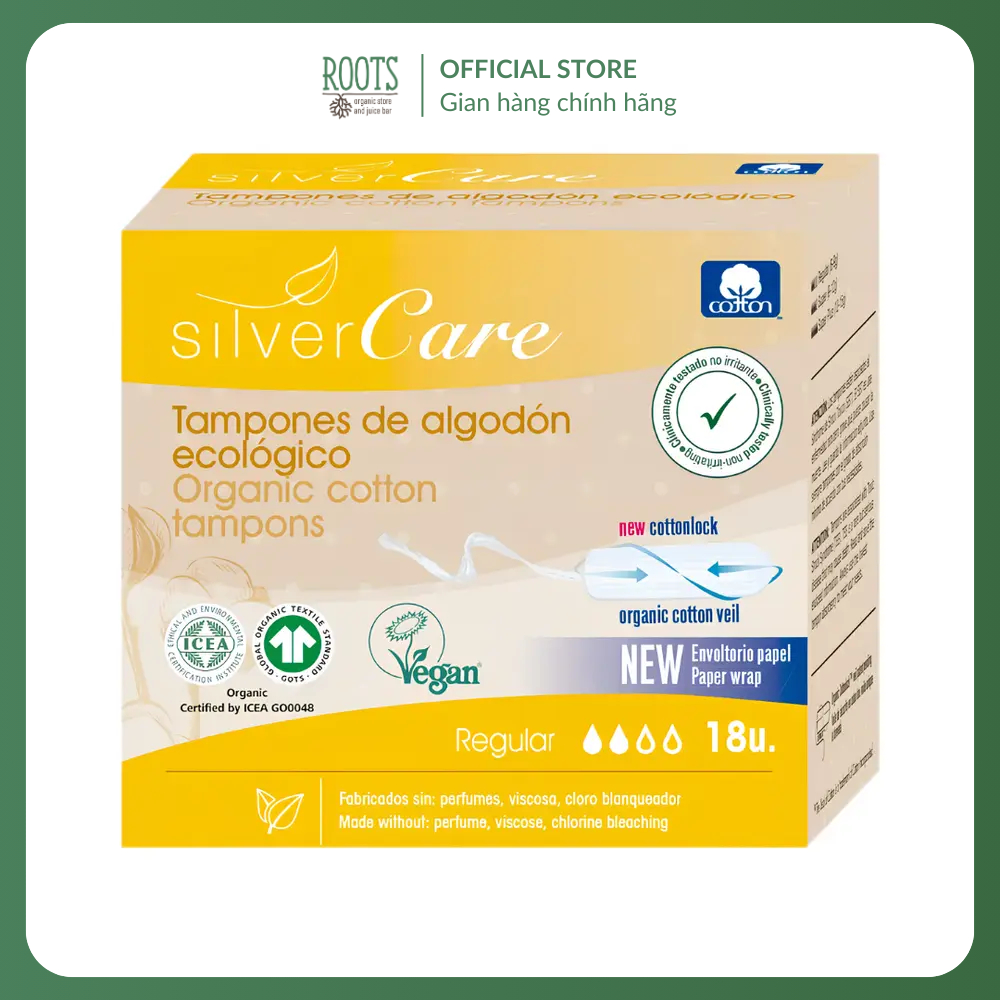 SILVERCARE - Tampon Hữu Cơ 2 Giọt, Organic Cotton Tampons, Regular, 18 Cái