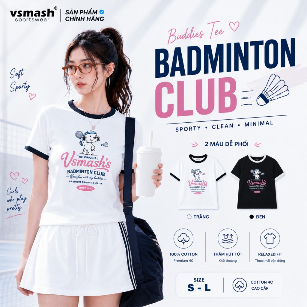 Áo Thun Cầu Lông Nữ Vsmash Sportwear BUDDIES TEE – Vải Bông Em Bé Mềm Mịn, Thoáng Mát, Thấm hút tốt,
