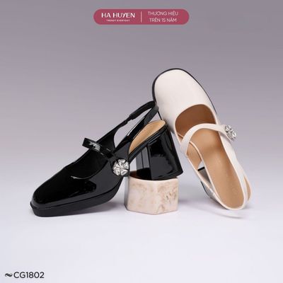 Giày cao gót tiểu thư mary jane nữ HÀ HUYỀN da bóng quai dán hoa đá quai hậu gót vuông 6cm - CG1802