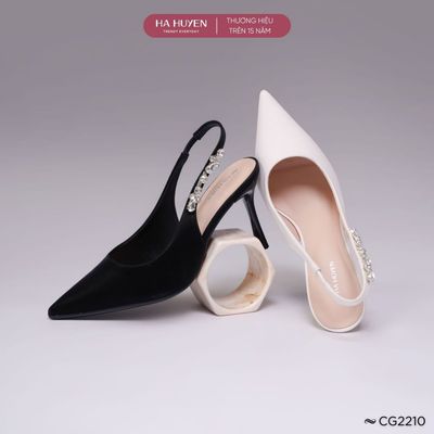  Giày cao gót nữ HÀ HUYỀN da lì mũi nhọn quai hậu đính đá gót nhọn 8cm - CG2210