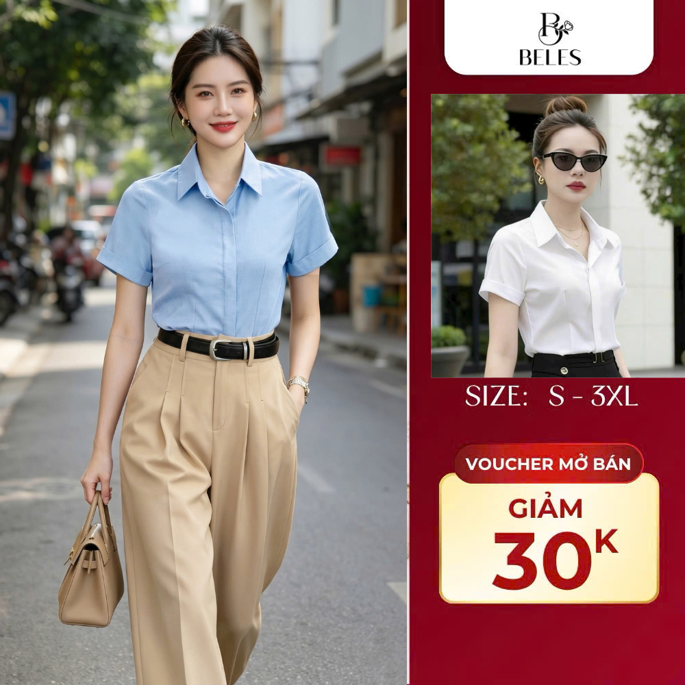 Áo Sơ Mi Nữ Cổ Đức Beles  Sang Chảnh Trơn Thô Hàn Tay Ngắn Form Đẹp Dáng Công Sở  ASM05- 26016