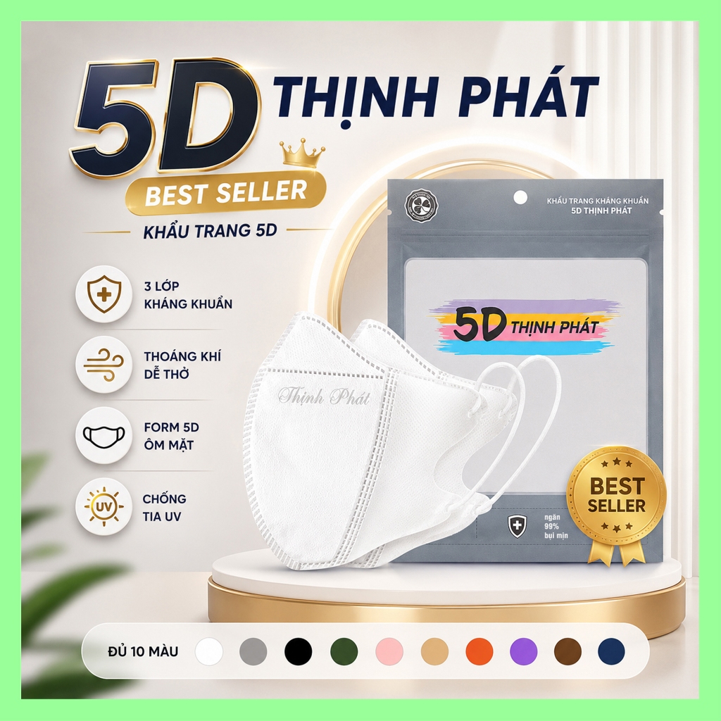 Khẩu Trang 5D Thịnh Phát Chính Hãng - 3 Lớp Kháng Khuẩn, Form Ôm Mặt, Lọc Bụi UV