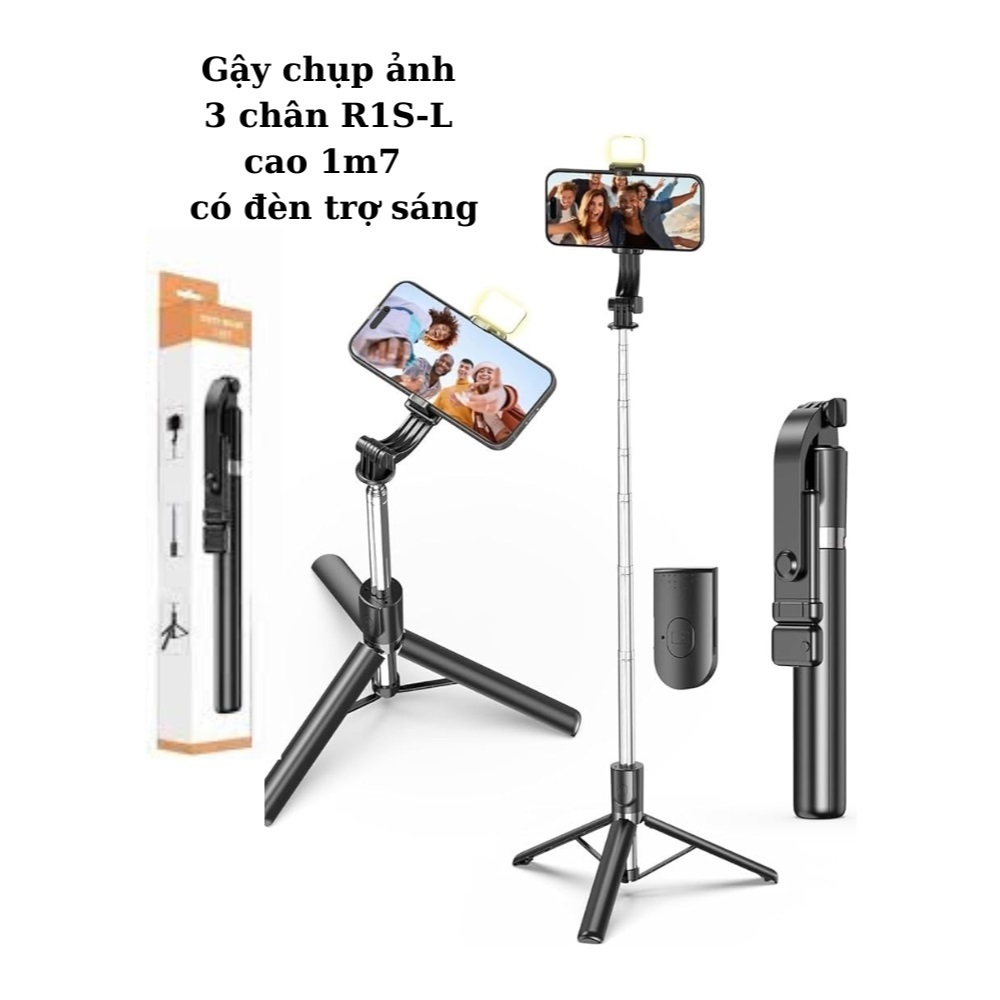 Gậy Chụp Ảnh Selfie 3 Chân R1S-L 1M75 Điều Khiển Từ Xa Có Phân Loại Đèn Trợ Sáng Tripod Chụp, Quay, 